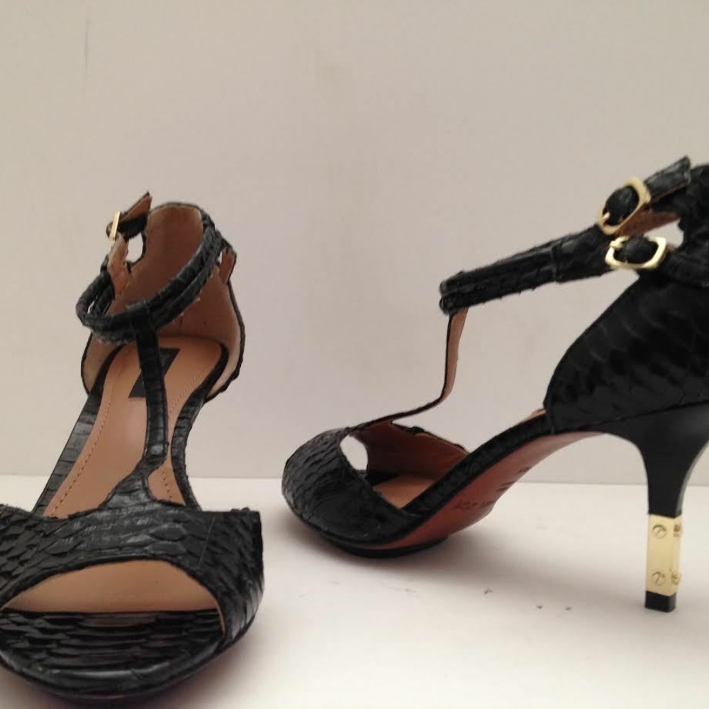 Rachel Zoe Nicole Black Snakeskin T-Strap Sandal